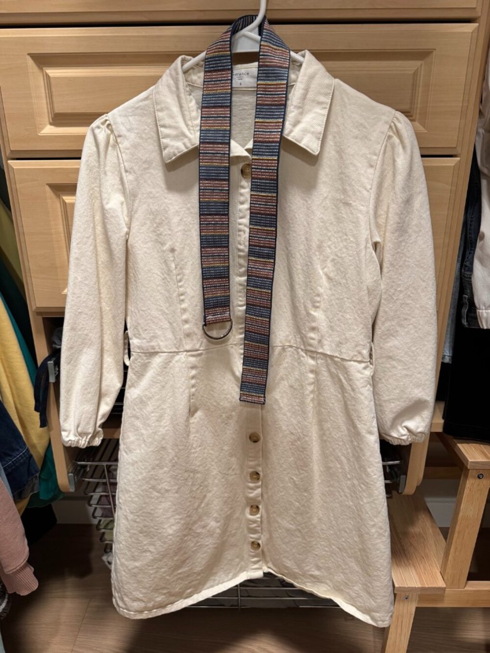 Cream Button-Front Midi Shirtdress with Puff Sleeves + Striped Belt — Size S